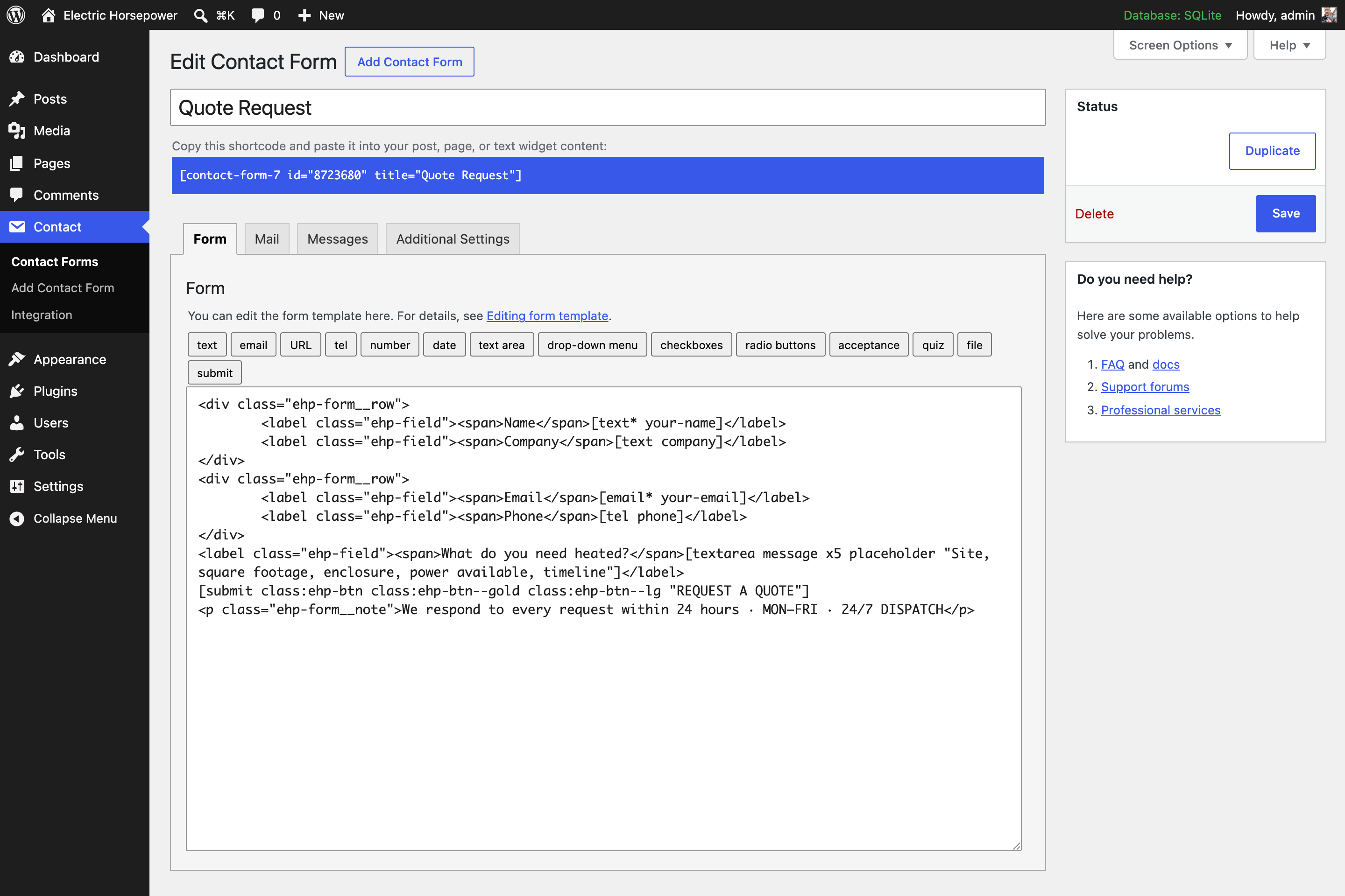 The Contact Form 7 editor for the Quote Request form, showing the Form and Mail tabs and the field list