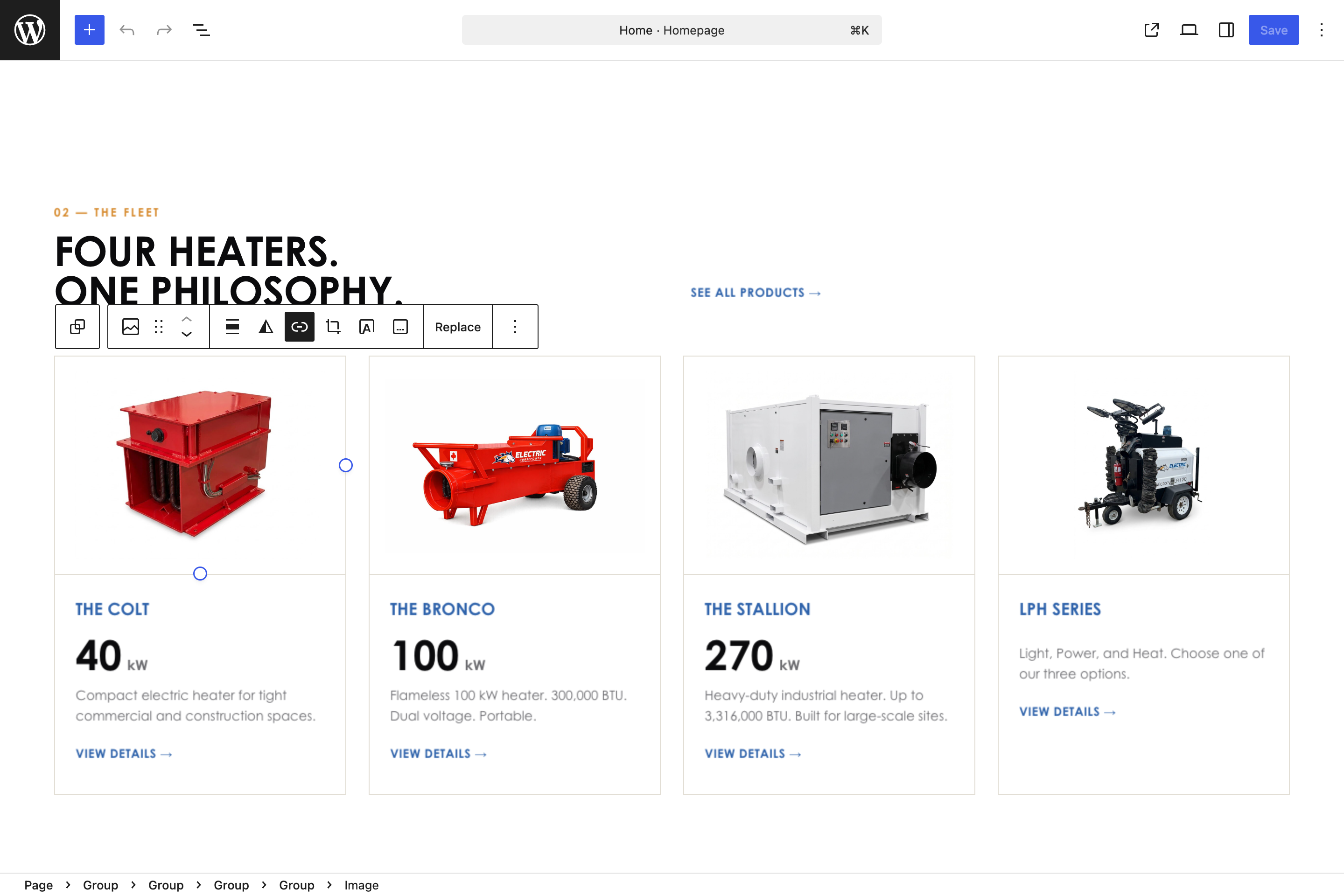 The homepage open in the block editor with a product photo selected; the block toolbar above it shows a Replace button