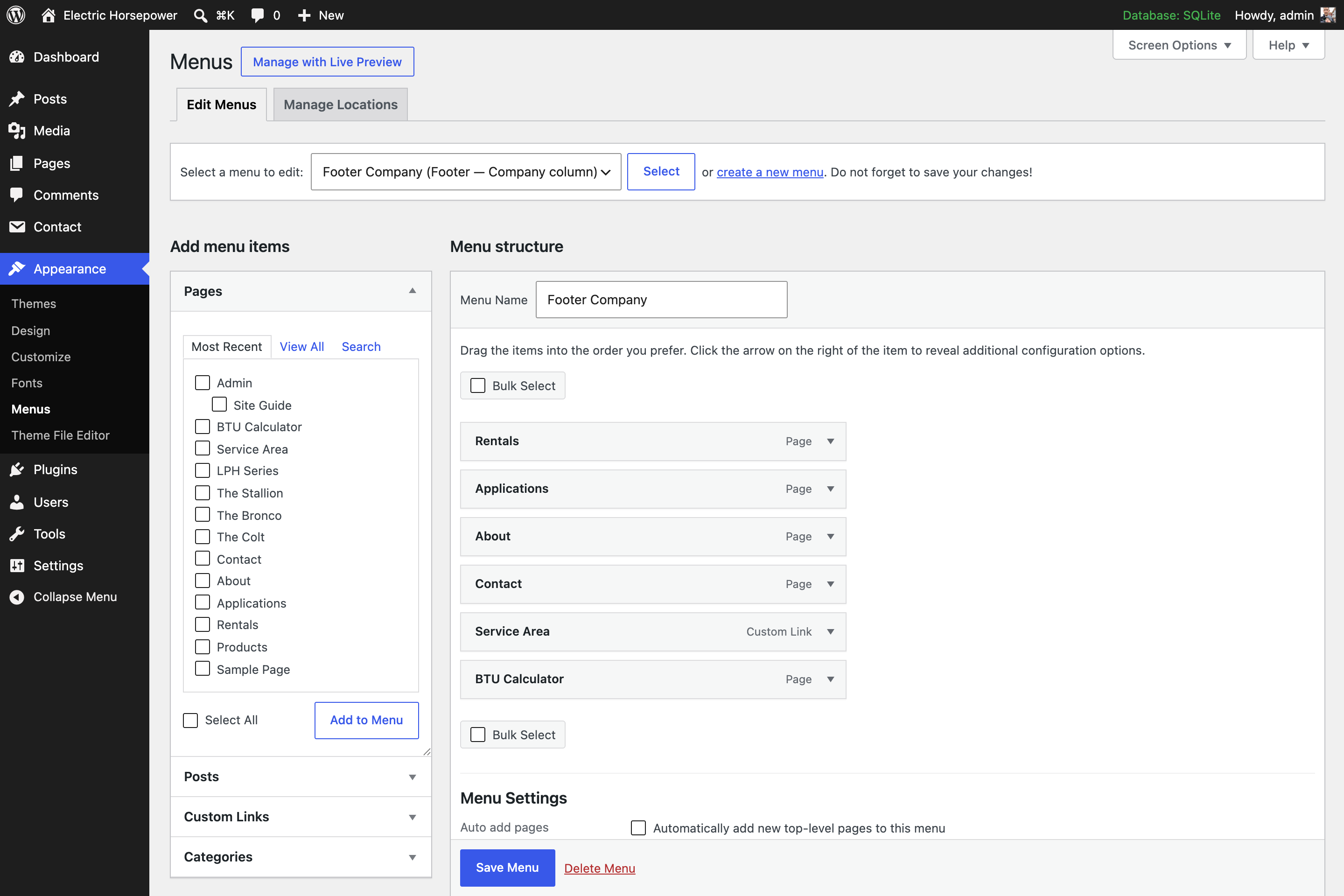 The Appearance → Menus screen showing the menu dropdown and the draggable list of menu links